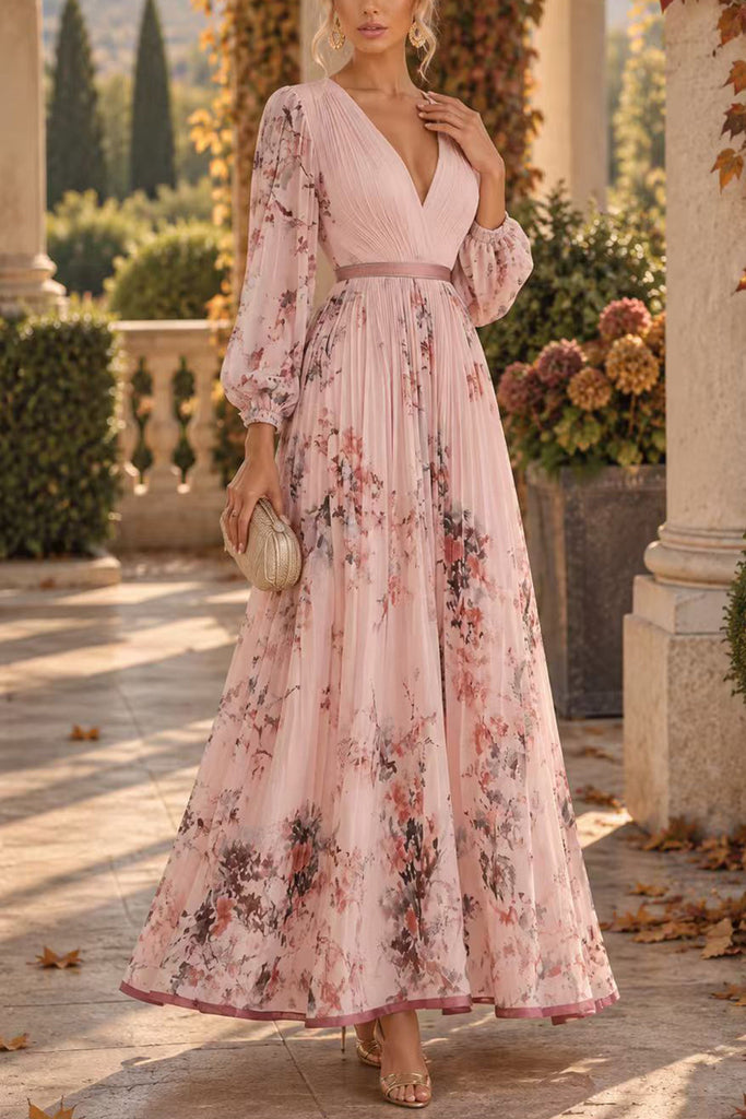 Karleedress V Neck Lantern Long Sleeves Floral Print Pleated Maxi Dress (A)