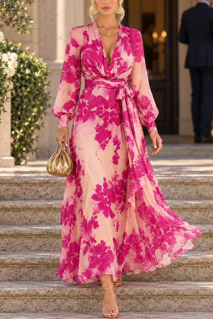 Karleedress V-Neck Long Sleeve Floral Print Maxi Dress