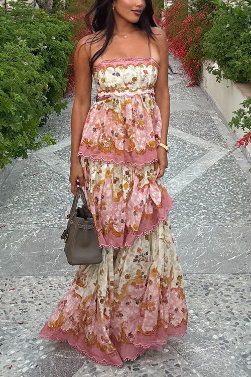 Karleedress Spaghetti Strap Back Lace-up Ruffle Layered Floral Print Maxi Dress