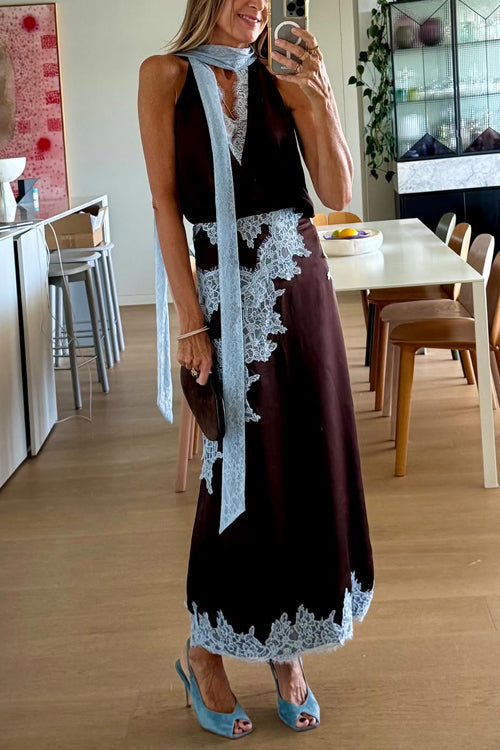 Chic Sleeveless V Neck Lace Trim Satin Top