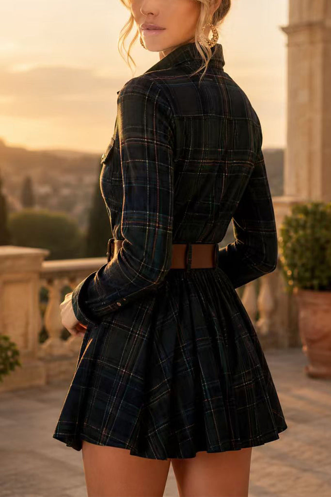 Karleedress Lapel Long Sleeves Button Up Plaid Mini Dress
