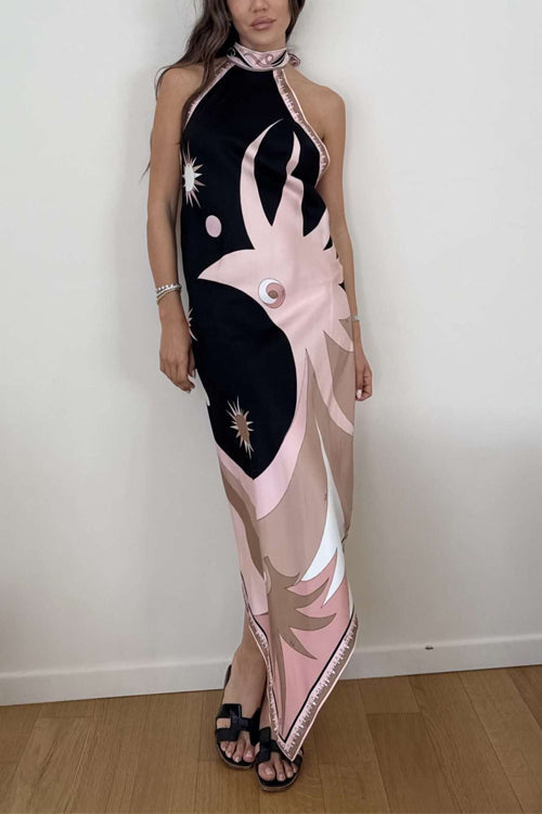 Karleedress Halter Neck Open Back Asymmetric Hem Printed Satin Midi Dress