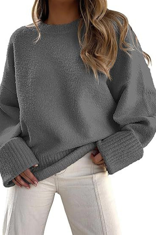 Karleedress Crewneck Drop Shoulder Solid Knitted Pullover Sweater