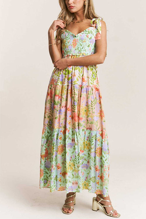 Karleedress V Neck Bow Shoulder Tiered Floral Print Maxi Dress