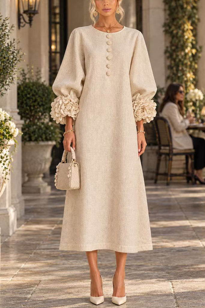 Karleedress Floral Applique Puff Sleeve A-Line Midi Dress