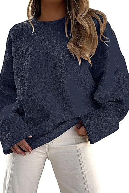 Karleedress Crewneck Drop Shoulder Solid Knitted Pullover Sweater