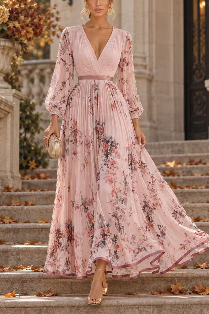 Karleedress V Neck Lantern Long Sleeves Floral Print Pleated Maxi Dress (A)