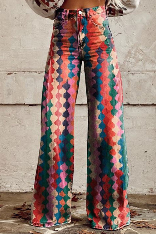 Karleedress High Rise Color Block Printed Wide Leg Pants
