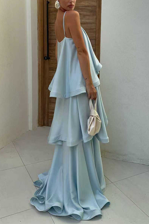 Karleedress Adjustable Strap Ruffle Layered Satin Maxi Dress