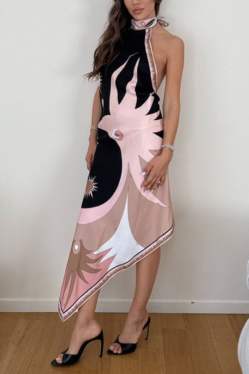 Karleedress Halter Neck Open Back Asymmetric Hem Printed Satin Midi Dress