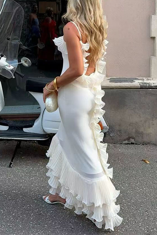Karleedress Spaghetti Strap Open Back Ruffle Trim Maxi Dress