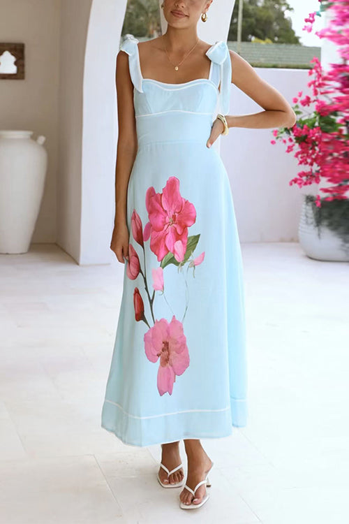 Bow Shoulder Sleeveless Floral Print Swing Maxi Dress