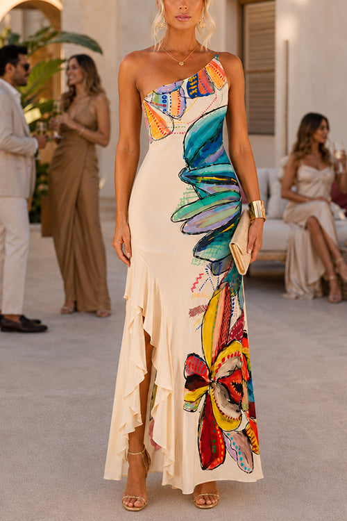 One Shoulder Sleeveless Floral Print Ruffle Hem Maxi Dress