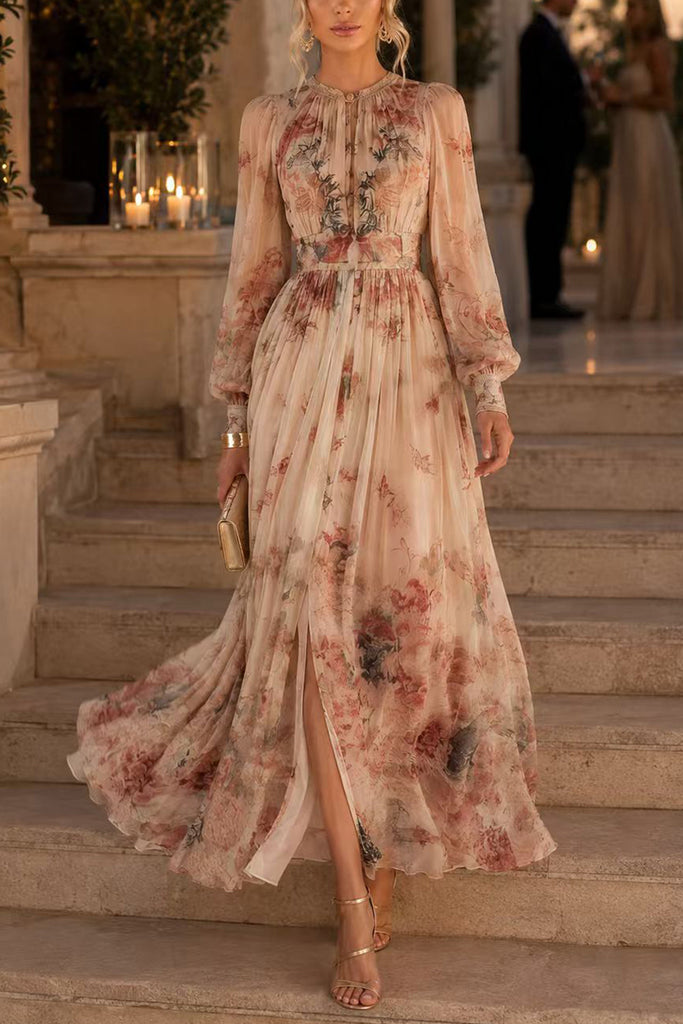 Karleedress Puff Long Sleeves High Waist Floral Print Maxi Dress