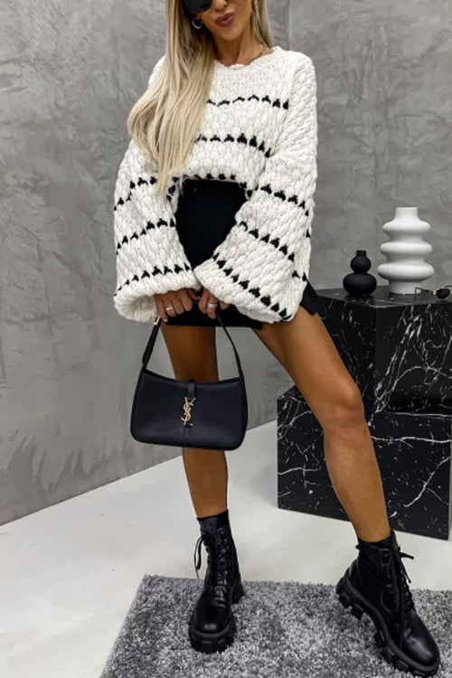 Karleedress Lantern Sleeves Color Block Chunky Knit Sweater