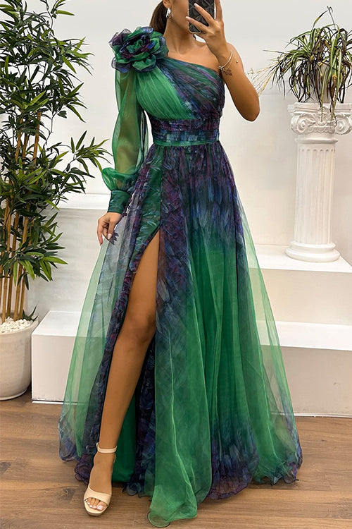 Karleedress One Shoulder Long Sleeve Printed Mesh High Slit Maxi Dress