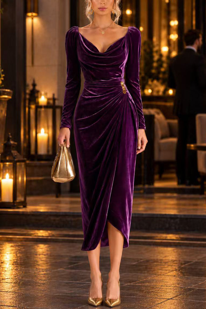 Karleedress Cowl Neck Gold Accent Ruched Velvet Midi Dress