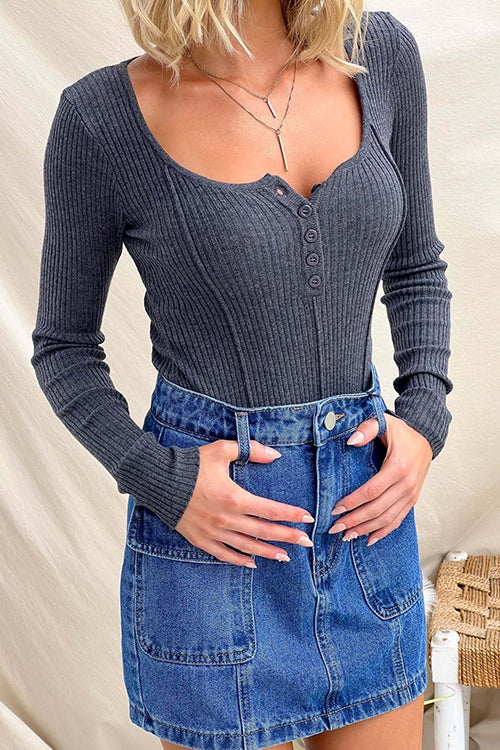Long Sleeves Button Up Curve Hem Ribbed Knit Top