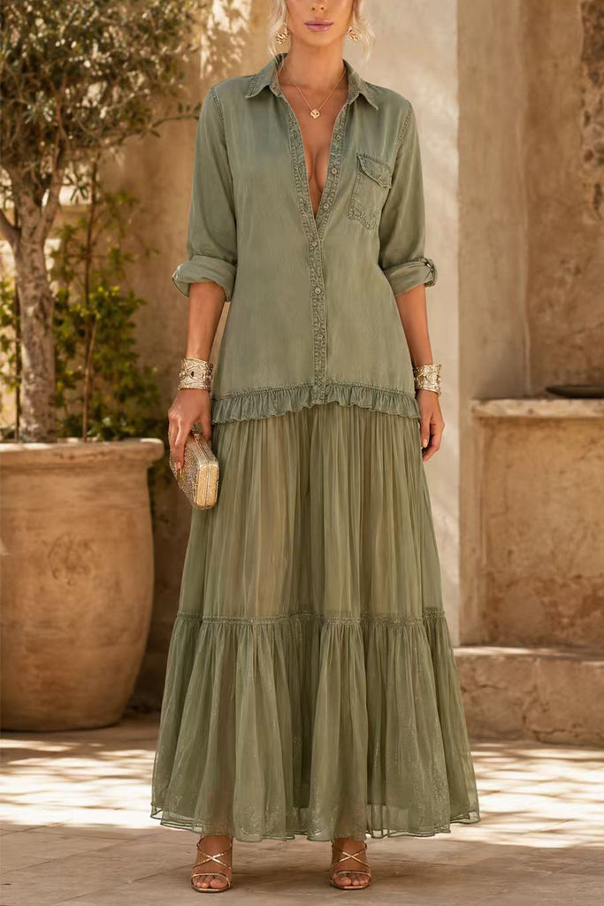 Karleedress Lapel Long Sleeves Organza Splice Ruffle Denim Maxi Dress