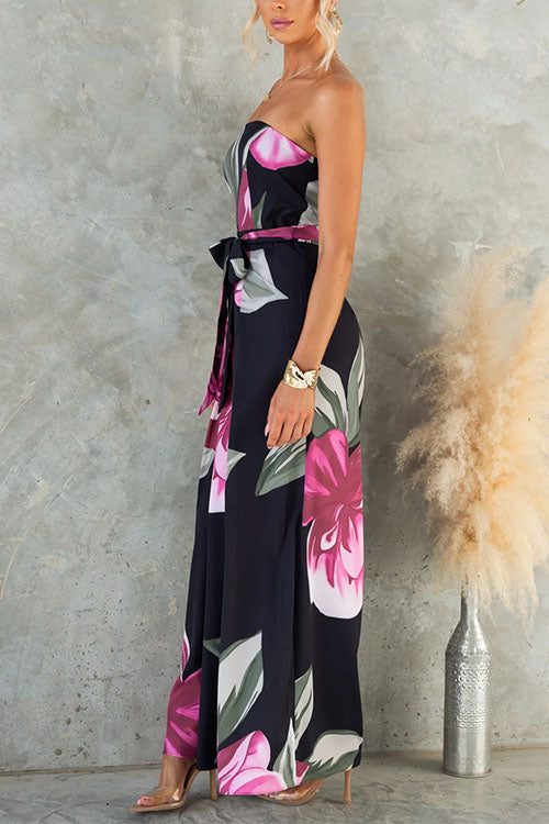 Strapless Tie Waist Wide Leg Floral Print Jumpsuit