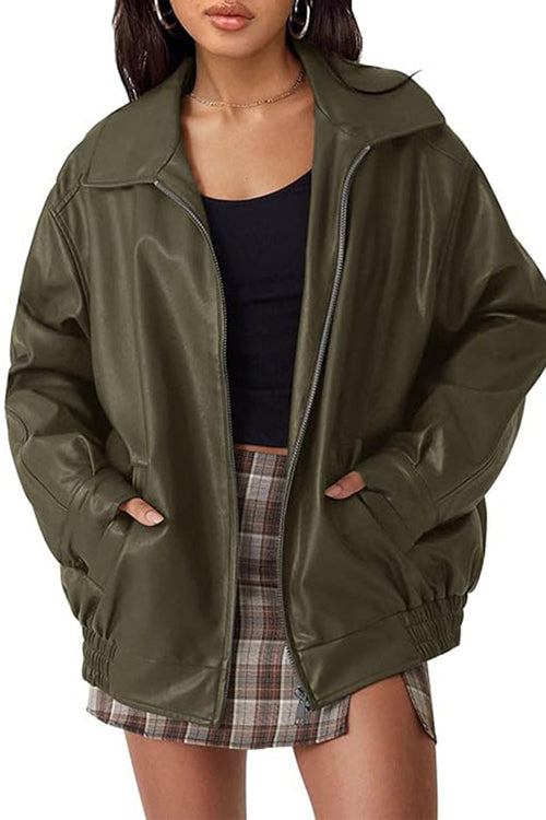 Karleedress Lapel Zip Up Faux Leather Pocketed Jacket