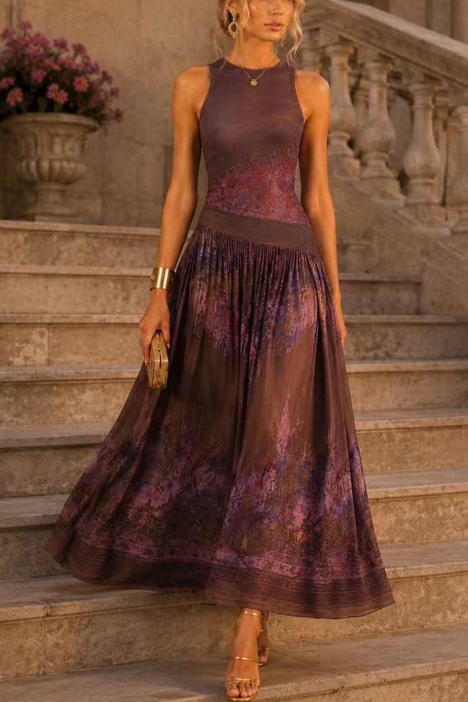 Karleedress Crewneck Sleeveless Printed Flowy Maxi Dress