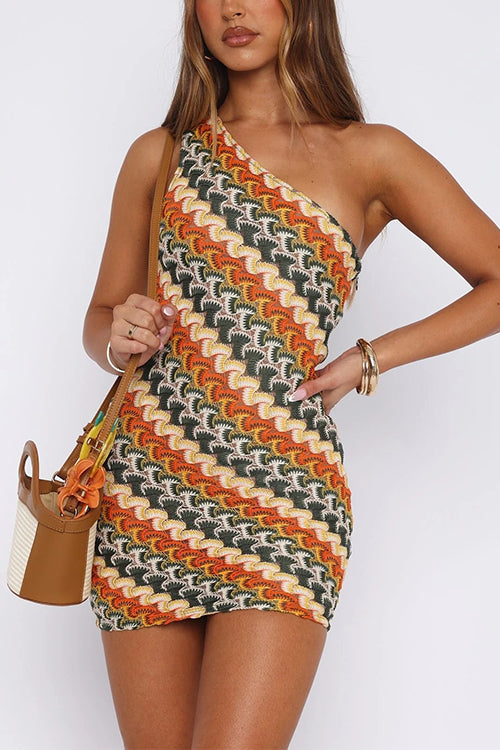 Karleedress One Shoulder Sleeveless Color Block Crochet Mini Dress
