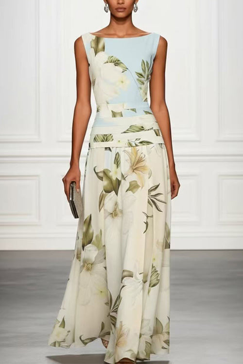 Karleedress Boat Neck Sleeveless Floral Print Flowy Maxi Dress