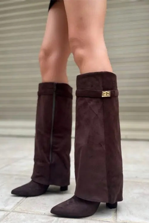 Karleedress Pointed Toe Block Heel Fold Over High Boots