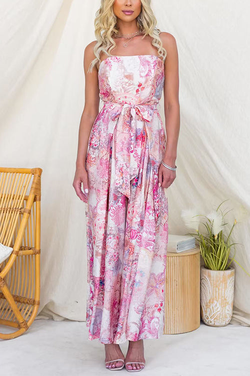Strapless Bow Waist Floral Print Slit Wide Leg Jumpsuit