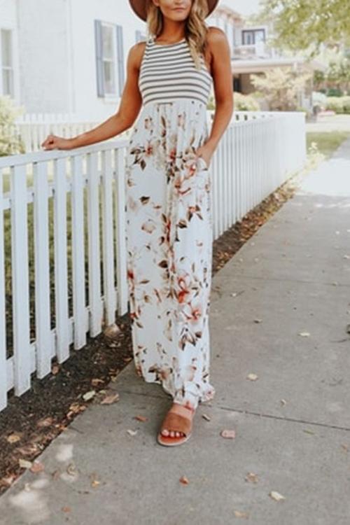 Karleedress Stripes Splice Floral Tank Maxi Dress