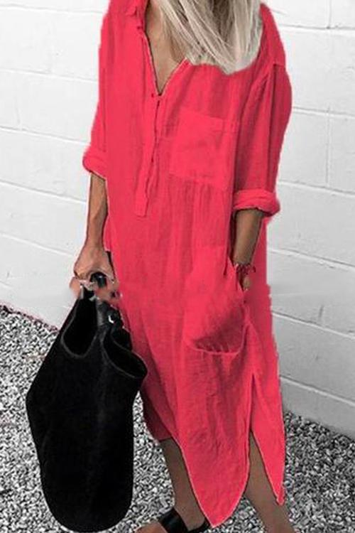 Karleedress Lapel Buttons Pockets Side Split Long Shirt Dress