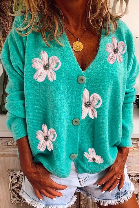 Karleedress V Neck Button Down Floral Embroidered Cardigan