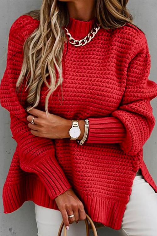 Karleedress Mockneck Side Split Cable Knit Sweater