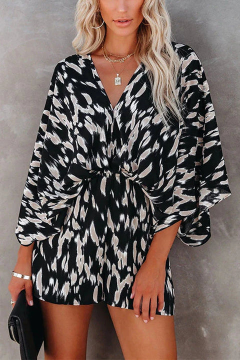 Karleedress Casual V Neck Batwing Sleeve Waisted Printed Jumpsuit