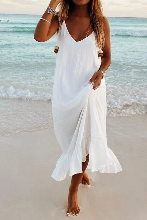 Karleedress Solid V Neck Ruffle Cami Beach Dress