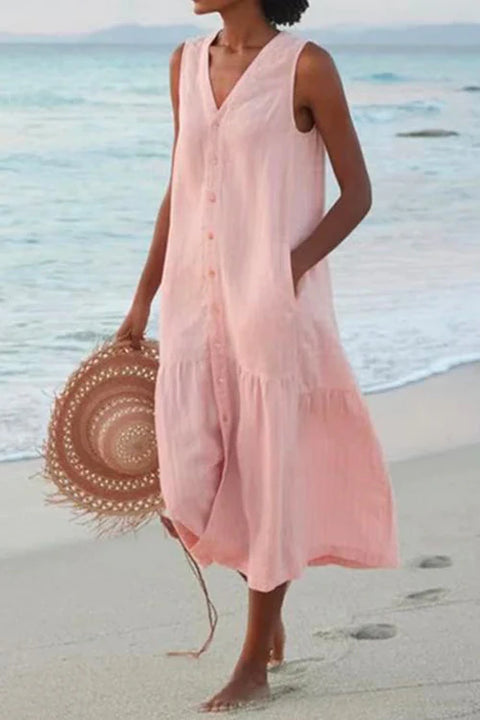 Karleedress V Neck Sleeveless Button Down Beach Dress
