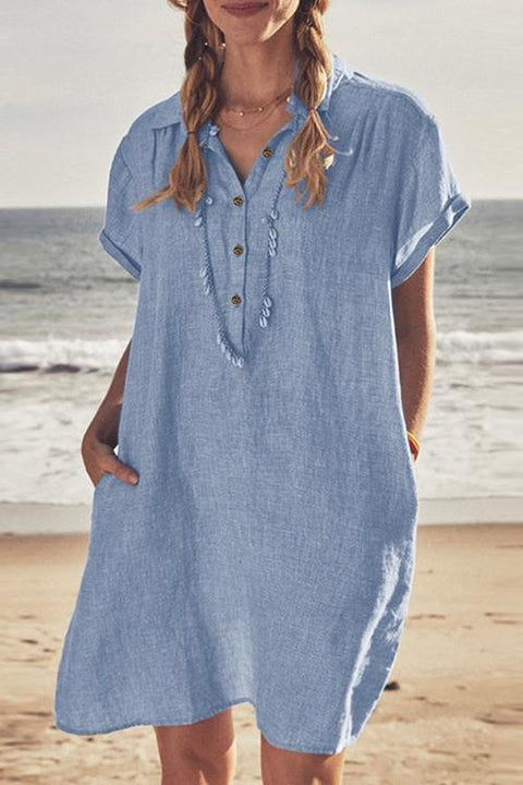 Karleedress Lapel Buttons Pockets Cotton Linen Beach Dress