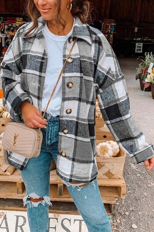 Karleedress Classic Lapel Button Down Plaid Outwear