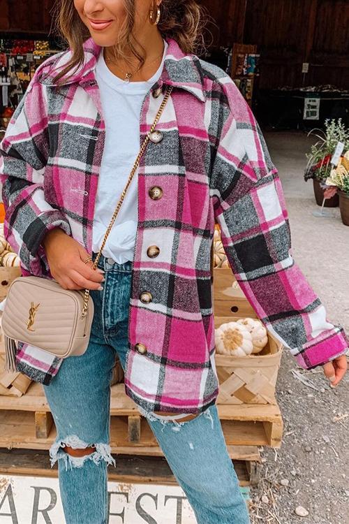 Karleedress Classic Lapel Button Down Plaid Outwear