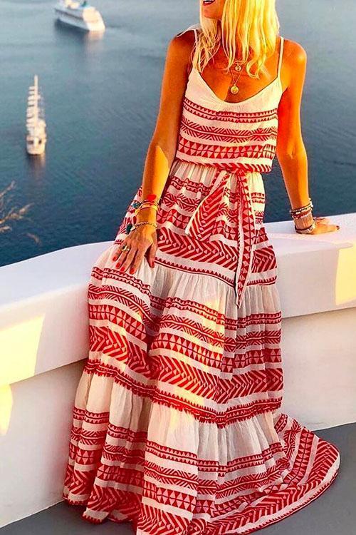 KD V Neck Tie Waist Printed Swing Maxi Cami Dress