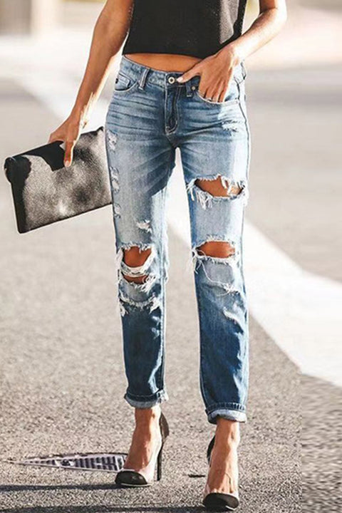 Karleedress One Button Ripped Denim Pants with Pockets
