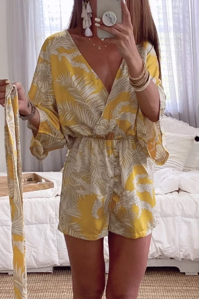 Karleedress Wrap V Neck Tie Knot Leaf Print Batwing Romper