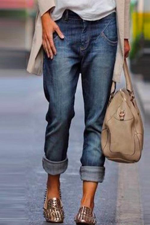 Karleedress Distressed Rolled Hem Straight Denim Pants