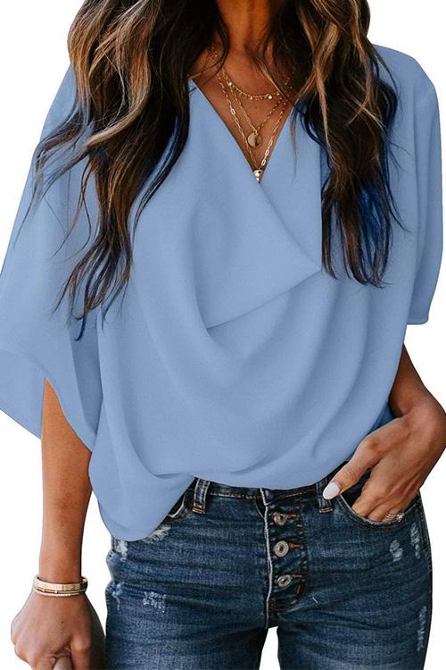 Karleedress Cowl Neck Bell Sleeve Drape Chiffon Blouse
