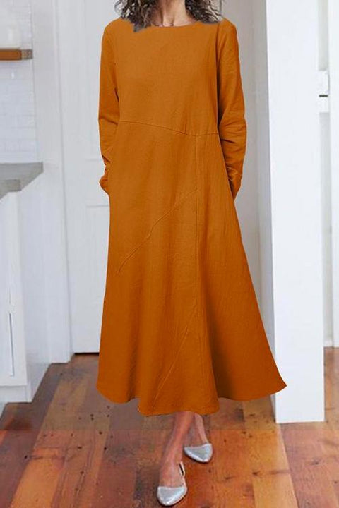 Karleedress Solid Long Sleeve Cotton Linen A-line Dress