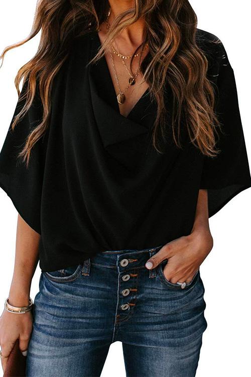 Karleedress Cowl Neck Bell Sleeve Drape Chiffon Blouse