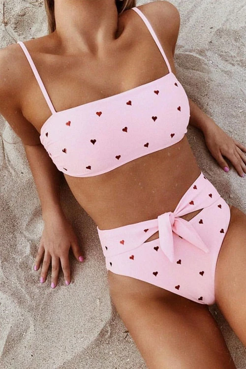 KD Heart Printed Tie Waist Two Pieces Swimsuit