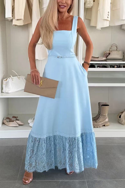 Square Neck Pocketed Lace Splice Maxi Cami Dress
