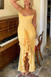 Karleedress Spaghetti Strap Mesh Splice Draped Ruffle Maxi Dress